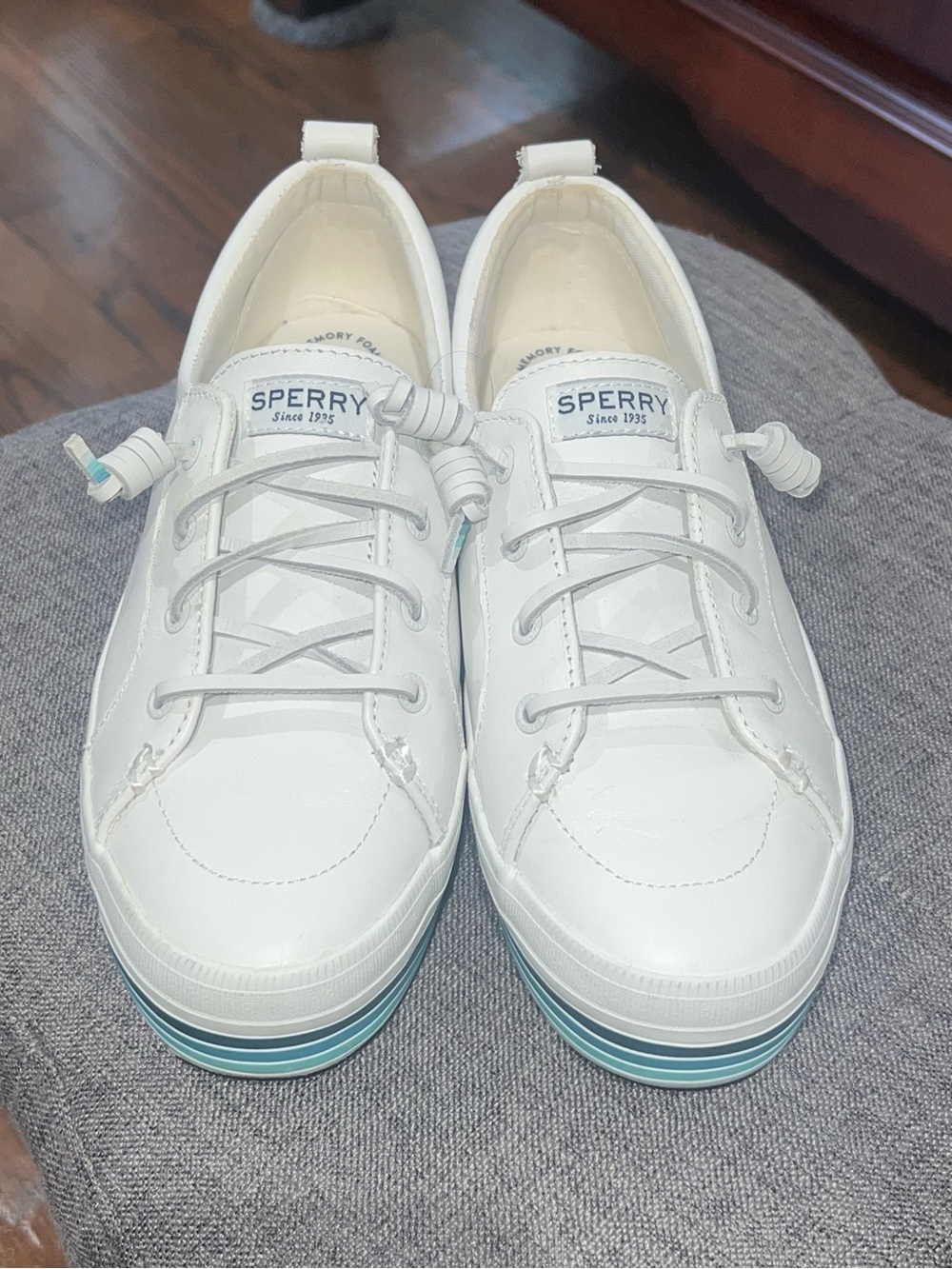 Sperry White Leather Platform Sneakers with Aqua Stripe